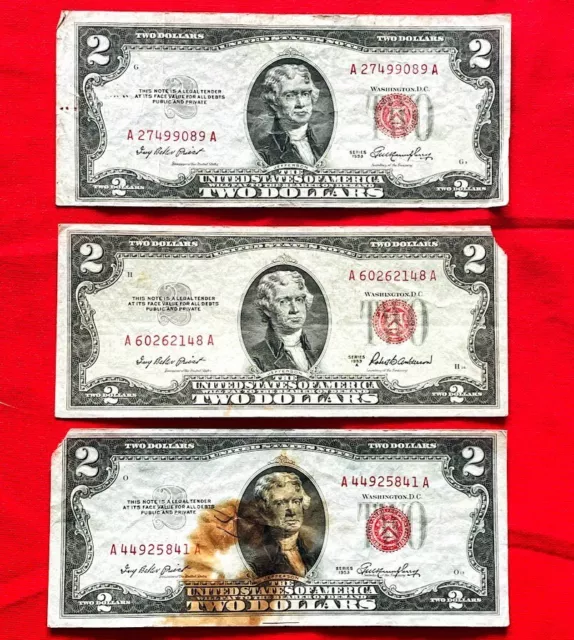 1953 $2 Two Dollar Bill RED SEAL & SERIAL Lot of 3 USA Paper Currency Money