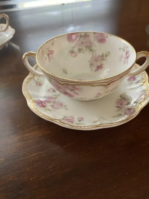 Haviland Limoges 39D Trailing Pink Roses Bouillon Bowls