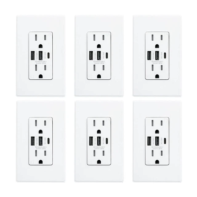 30-Watt 15 Amp 3-Port Type C and Dual Type a USB Duplex Wall Outlet, Wall Plate