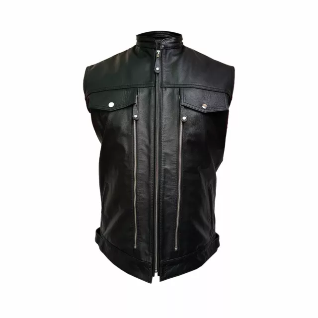 Mens Real Cow Leather Black Motorcycle Biker Style Vest Waistcoat