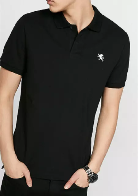 NWT【 M 】Express Men's Small Lion Logo Stretch Contrast Pique Polo BLACK