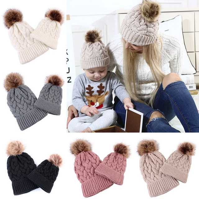 uncinetto genitori - bambino pelliccia invernale calda - pom traballante - cappello maglia berretti sci -
