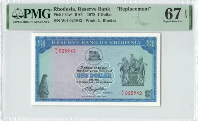 RHODESIA $1 Dollar 1978, P-34c* REPLACEMENT W/1 Prefix PMG 67 EPQ Superb Gem UNC