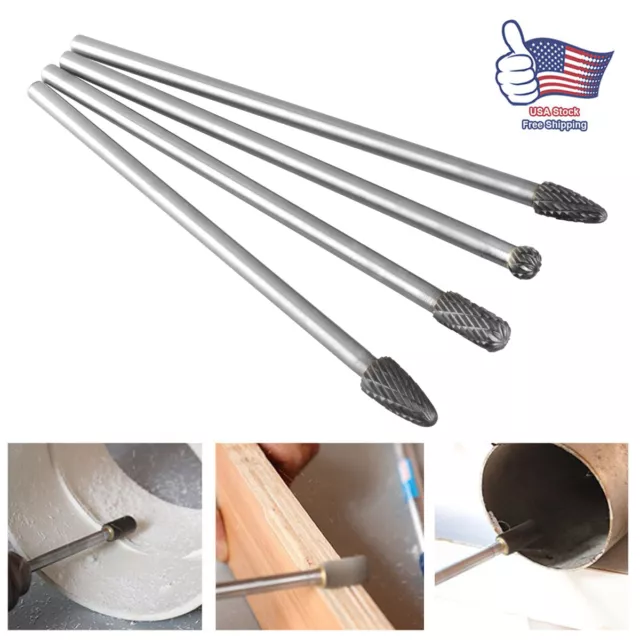 4Pcs Long Reach Rotary Burr Double Cut Tungsten Carbide Bit 1/4 Inch Shank US