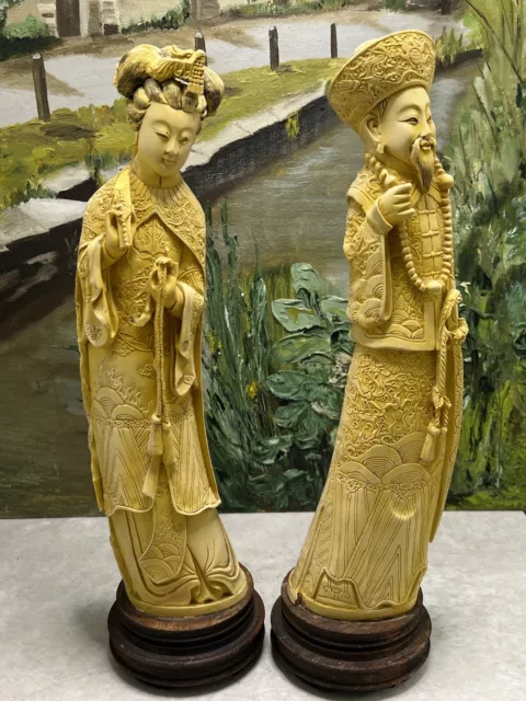 Pair Vintage  Chinese Hand-Carved Resin Emperor/ess Figure wooden base
