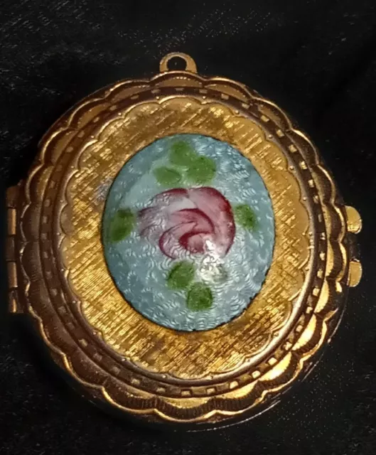 Vintage Guilloche Enamel Sky Blue w Pink Flower Goldtone 2" Oval Locket