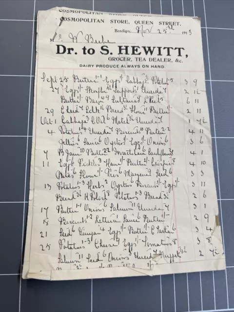 Vintage Receipt Hewitt Cosmopolitan Store Queen St Bendigo Tea Dealer Dairy 1913