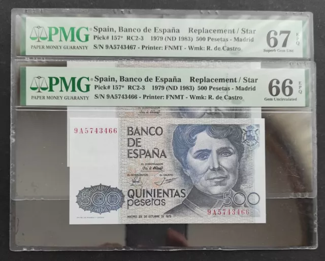 Billetes de 500 ptas de 1979, pareja correlativa, CERTIFICADO PMG66/67 serie 9A