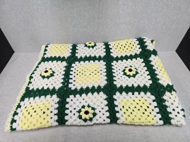Vintage Granny Square Afghan Blanket Throw Crochet Yellow White Green 42"x66"