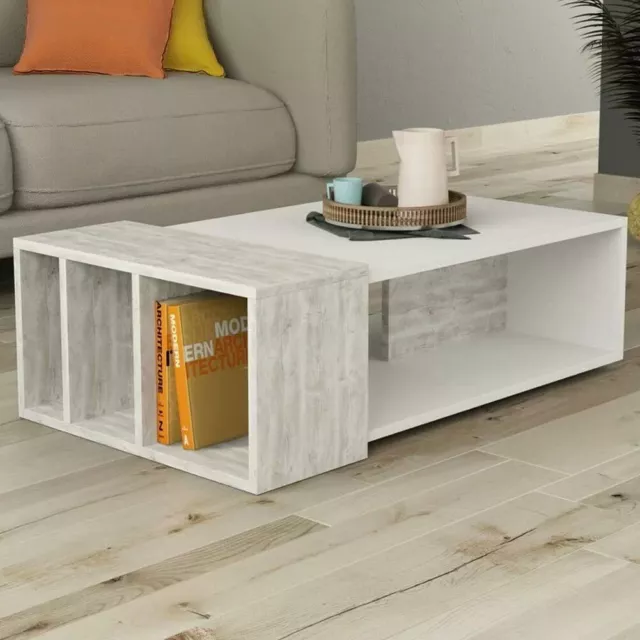 Tavolino Divano Salotto Rettangolare Design Moderno Legno con Libreria Bianco