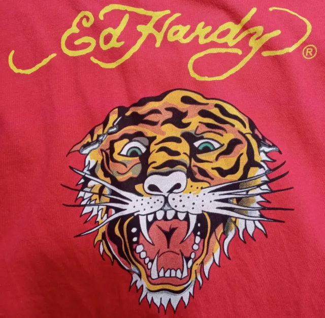 Ed Hardy Kids L 12 Polo Shirt Red Tattoo Tiger Christian Audigier Double Sided