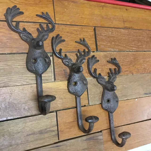 (3) Deer Coat Hooks Wall Rustic Cast Iron Hanger Towel Bath Hunter Lodge Curtain