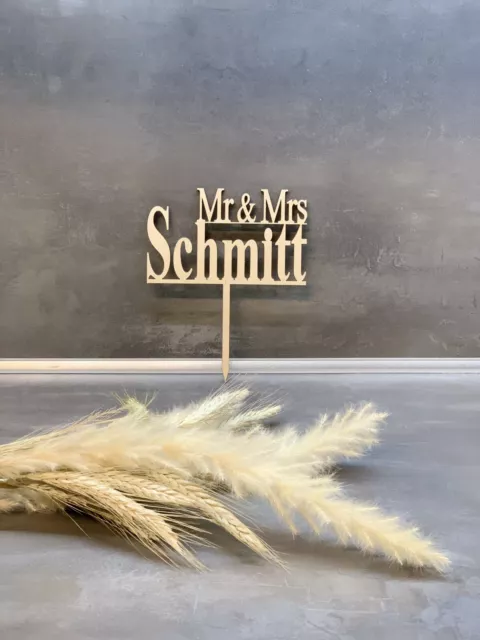 Cake Topper Tortendeko Kuchen Stecker Holz Personalisiert Mr. & Mrs + Wunschname