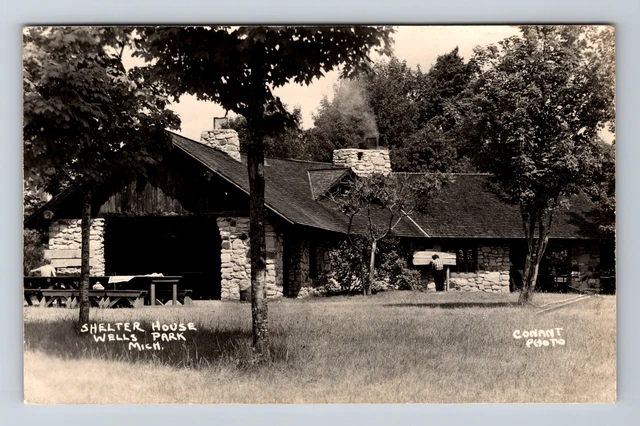 Wells State Park MI-Michigan RPPC, Shelter House, Real Photo c1948 Postcard