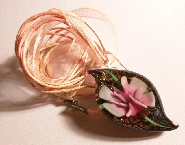 NEW Pink Blown Glass Necklace Flower Sparkle Pendant Fabric Chain
