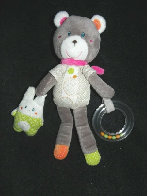 Doudou peluche ours gris avec lapin hochet NICOTOY - Ours Classique