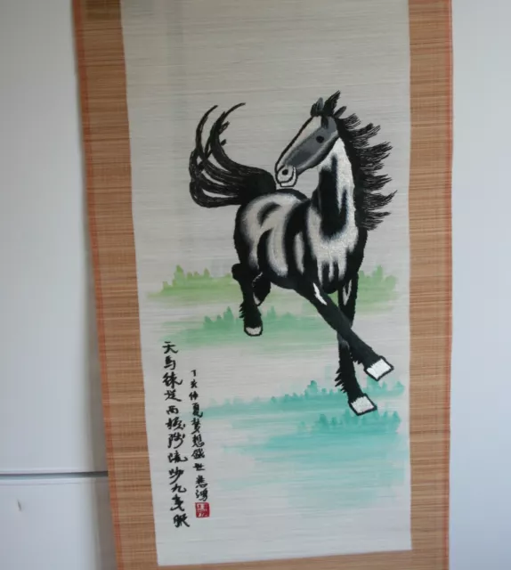 CHINA Rollbild 150 cm Bambus und Seide Pferd UNIKAT signiert