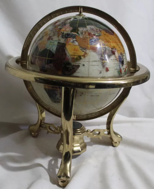 Mother of Pearl & Gemstones World Globe with brass stand and compass Heavy