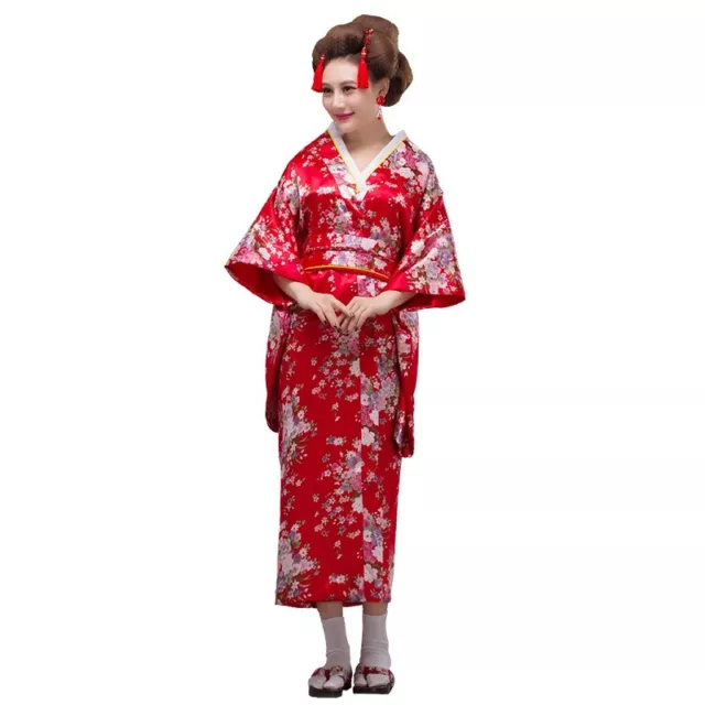 Lady Floral Japanese Kimono Satin Robe Yukata Geisha Costume Show Cosplay Soft 7