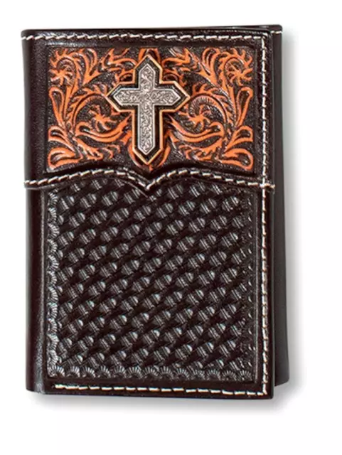 Ariat Western Mens Wallet Trifold Leather Basketweave Cross Brown A3557344