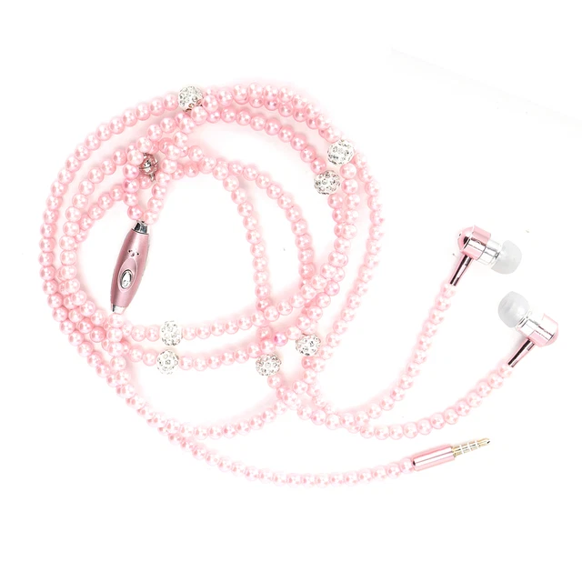 (pink) In-Ear Headphones Artificial Pearl Necklace Earplugs With