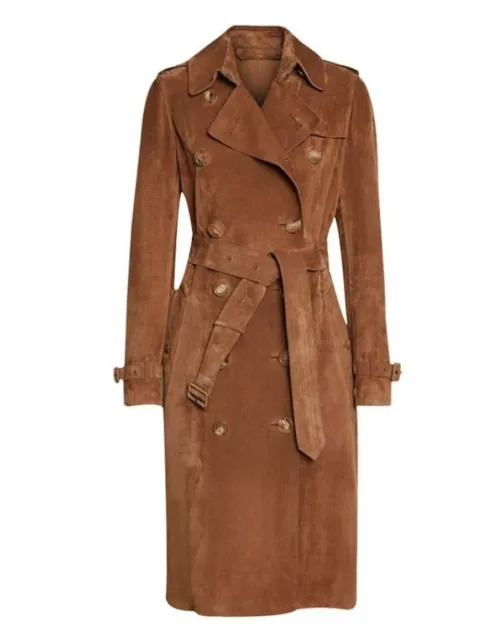 Womens Stylish Classic Italian Brown Genuine Suede Leather Long Trench Coat |