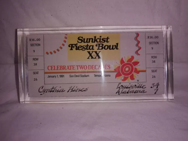 1991 Fiesta Bowl Game Ticket Louisville Cardinals Alabama Lucite Brohm Football 1991 Fiesta Bowl Game Ticket Louisville Cardinals Alabama Lucite Brohm Football