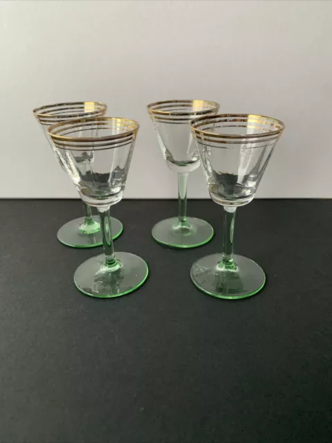 4 Very Small Vintage Green Stem Gold Ring Ripple Glass Liqueur Shot 8.5cm Tall