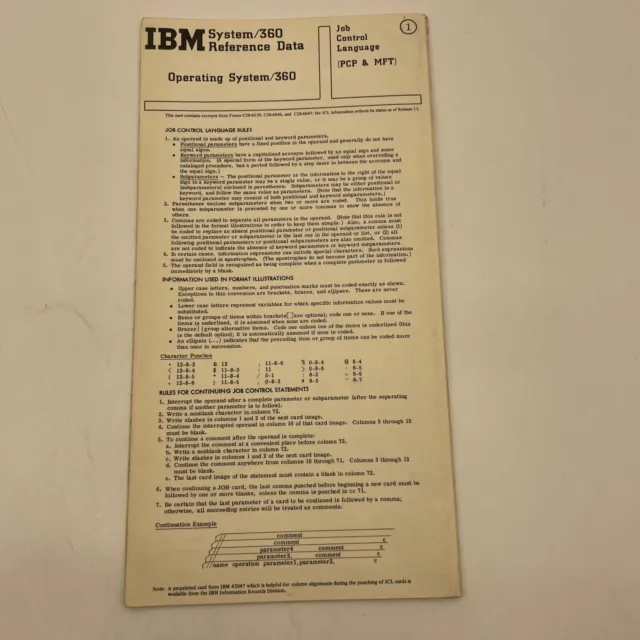 Vintage IBM System 360 Reference Data Card Foldout  USA vintage