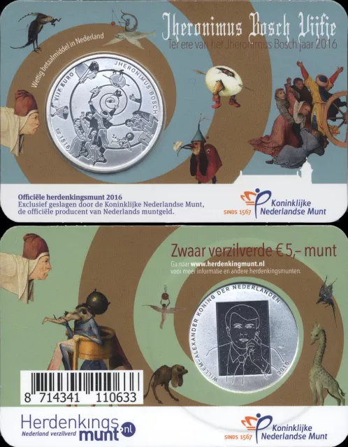 MONETE EURO OLANDA 2016 _ 5 EURO _ Hieronymus Bosch _ coin card