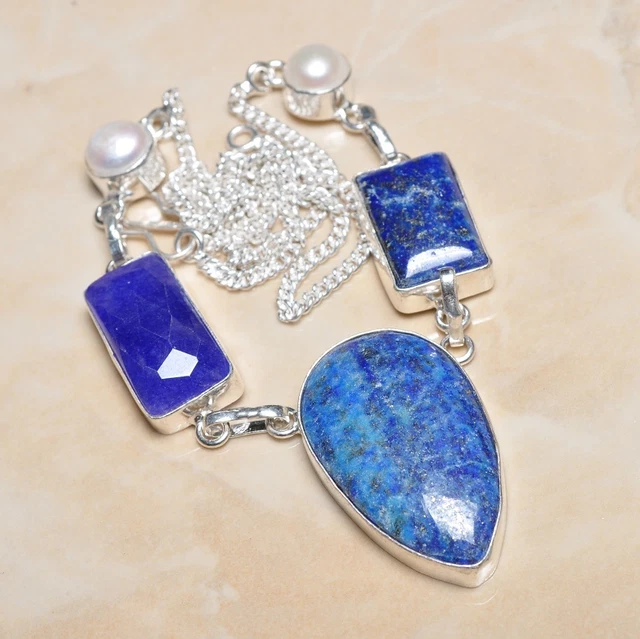 Handmade Blue Lapis Lazuli Jasper 925 Sterling Silver 18.25" Necklace #N00282