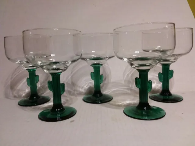 5 LIBBEY MARGARITA GLASSES GREEN CACTUS STEM 14 oz - BARWARE A4