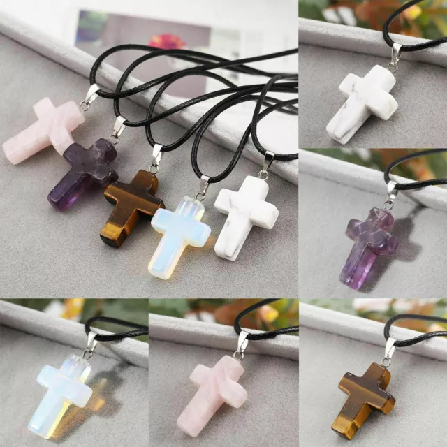 Natural Quartz Crystal Stone Chakra Cross Pendant + Necklace +Gift Pouch