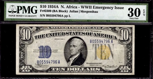 1934A North Africa Silver Certificate $10 Note B/A Block PMG VF30 EPQ Fr#2309