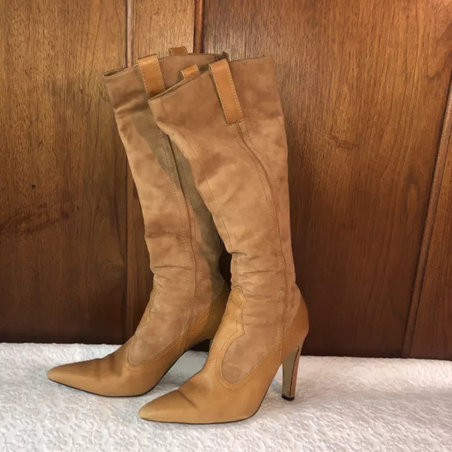 Manolo Blahnik Light Brown Suede & Leather Vintage Zip Up Boots Size 38.5-Chic!!