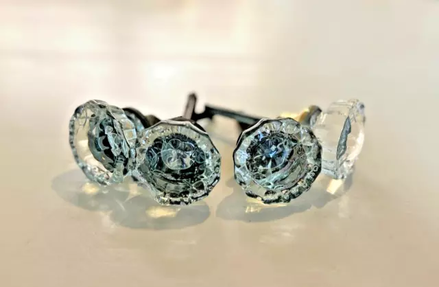 Vintage 2" Ornate Glass & Iron/Brass Door Knobs 12 point Crystal Clear- Set of 4