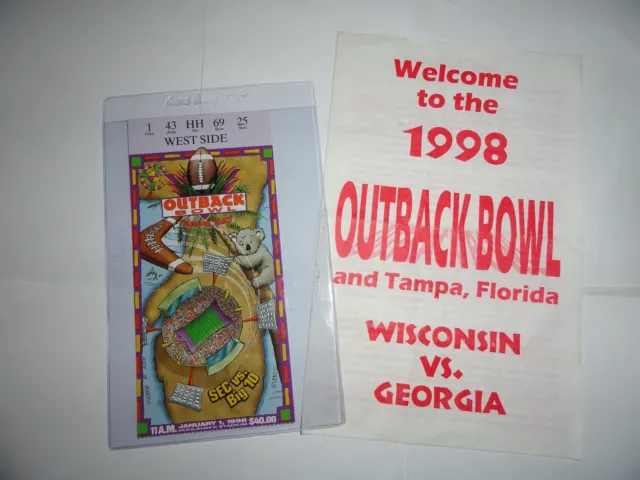 1998 Outback Bowl Ticket Stub ~ Georgia Bulldogs 33 vs Wisconsin Badgers 6