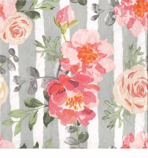 3 Lunch Servietten Blumen Rosa Blumen auf graugrünen Streifen 💙