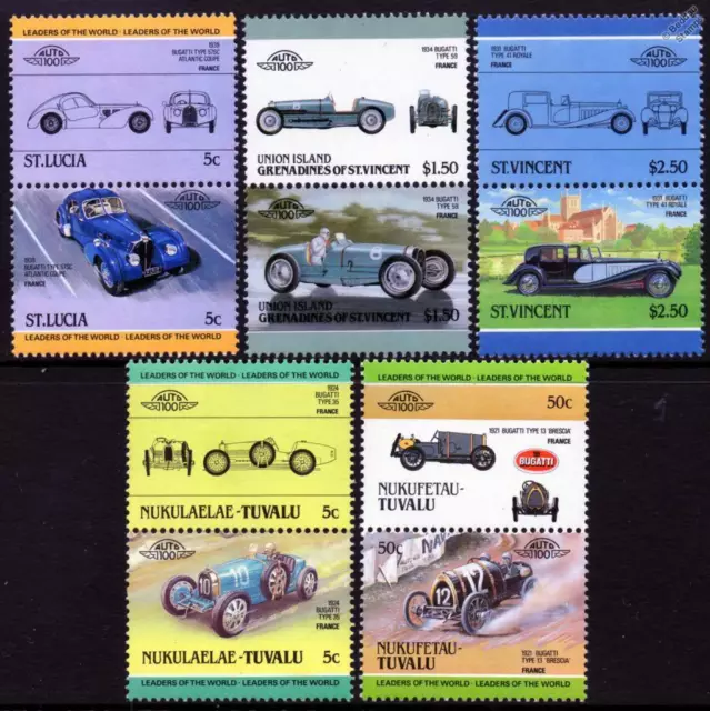 BUGATTI Collection of 10 Car Stamps (Auto 100 / Leaders of the World)