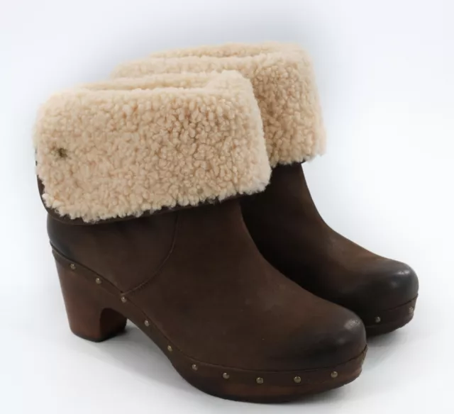 UGG LYNNEA FOLD Over Leather Brown Shearling Cuff Clog Boots Size 7 $49 ...