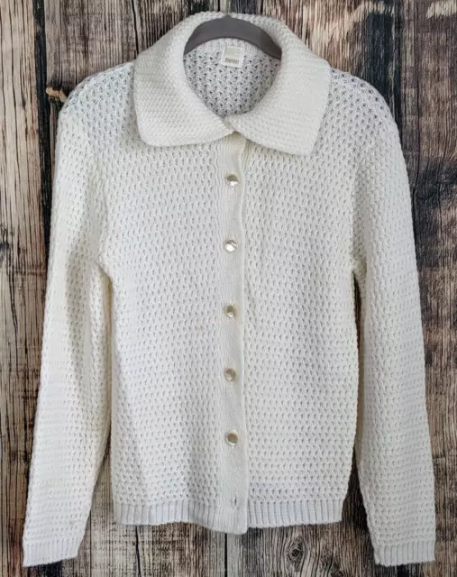 VINTAGE MONTGOMERY WARD Cardigan Sweater Womens M White Acrylic Cable ...