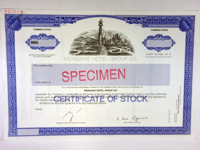 Morgans Hotel Group Co 1990s Specimen Stock Cert XF ABN Ian Schrager Hotels