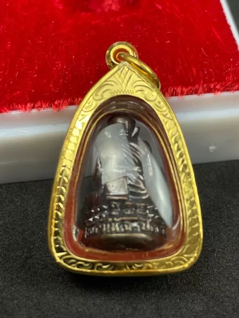 thai Amulet Phra Statue LP Tuad Wat Chang Hai Inlaid Real Gold Frame Beautiful 3