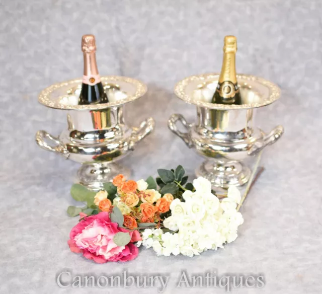 Pair Silver Plate Urns - Wine Champagne Cooler Buckets