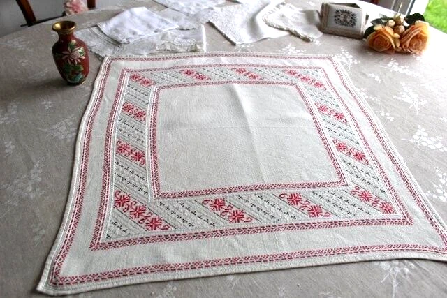 SET DE TABLE en LIN BLANC BRODÉ MAIN BLEU LINGE ANCIEN VINTAGE ORIGINE