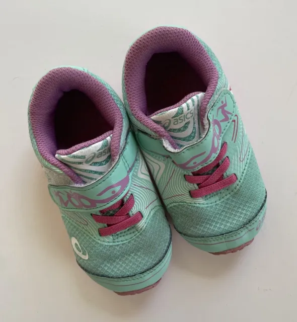 Asics kids girls size US 6/EUR 22.5 green pink pull on sneakers shoes, VGUC