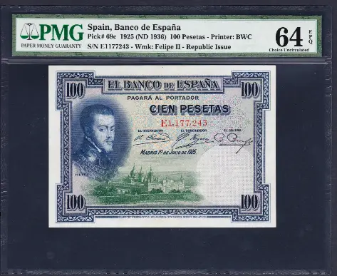 Banco de Espana Spain 1925 100 Pesetas Pick 69c PMG 64 EPQ