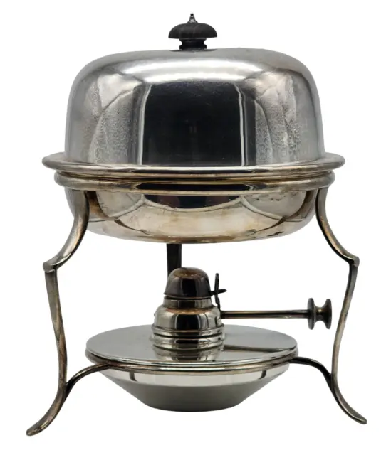 ANTIQUE Silver Plate Dome Covered Warming Dish with Stand & Burner Set