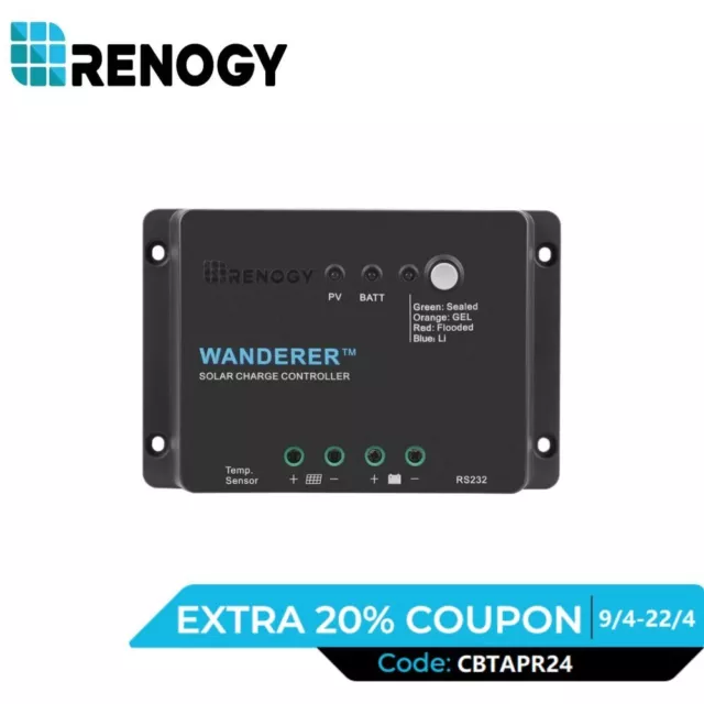 Renogy Wanderer 30Amp PWM Charge Controller 12V Solar Regulator Lithium AGM Gel