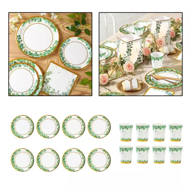 Disposable paper cups, sage greenery decoration, party plates, disposable